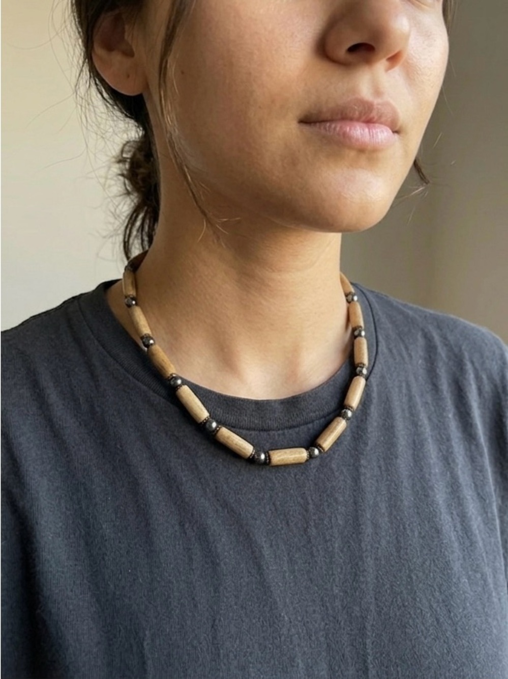 Rustic Boho Wooden & Metallic Bead Statement Necklace Earthy Accessory
Unisex